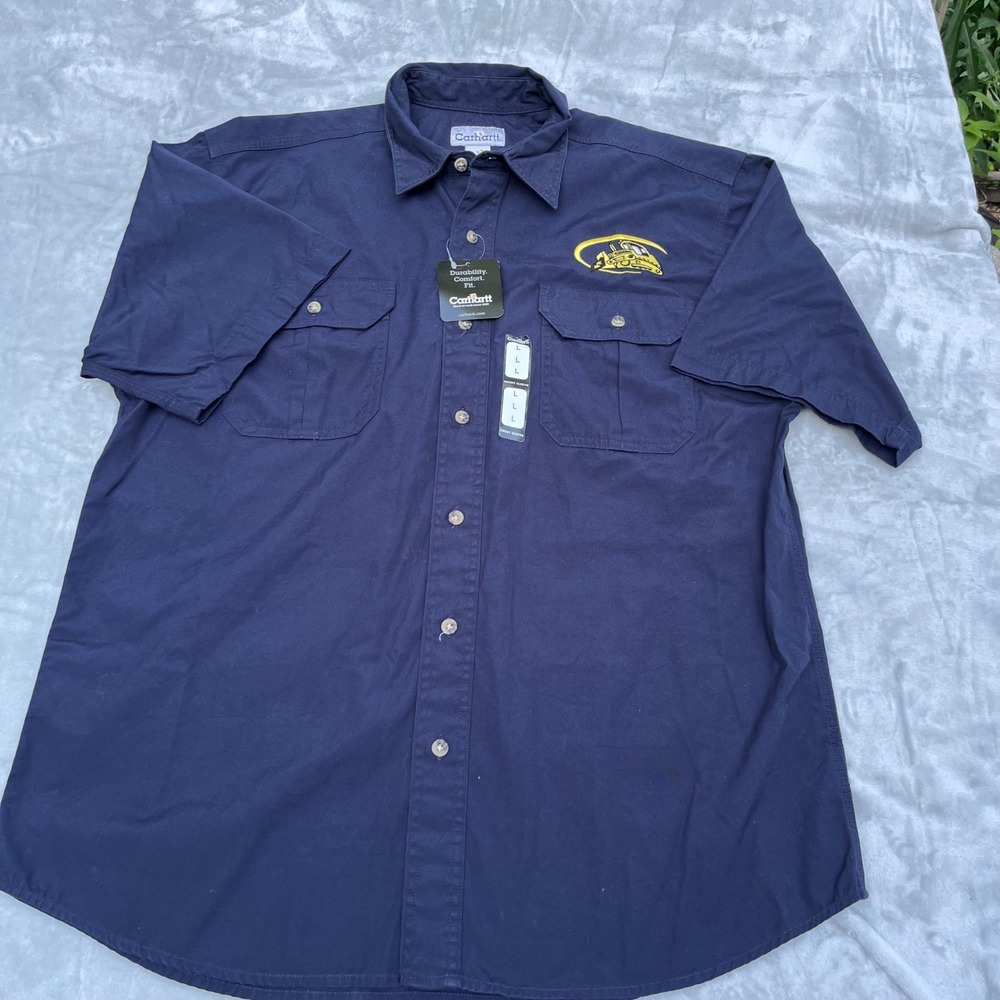 Carhartt S110 NVY Navy Canvas Short Sleeve Work Shirt Bulldozer Logo Mens Large